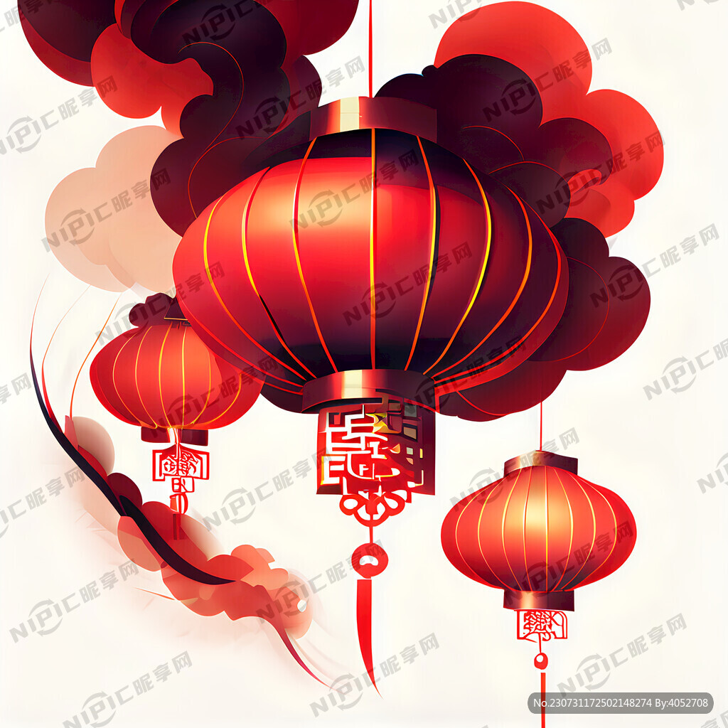 中国龙 抽象派 白背景 红灯笼