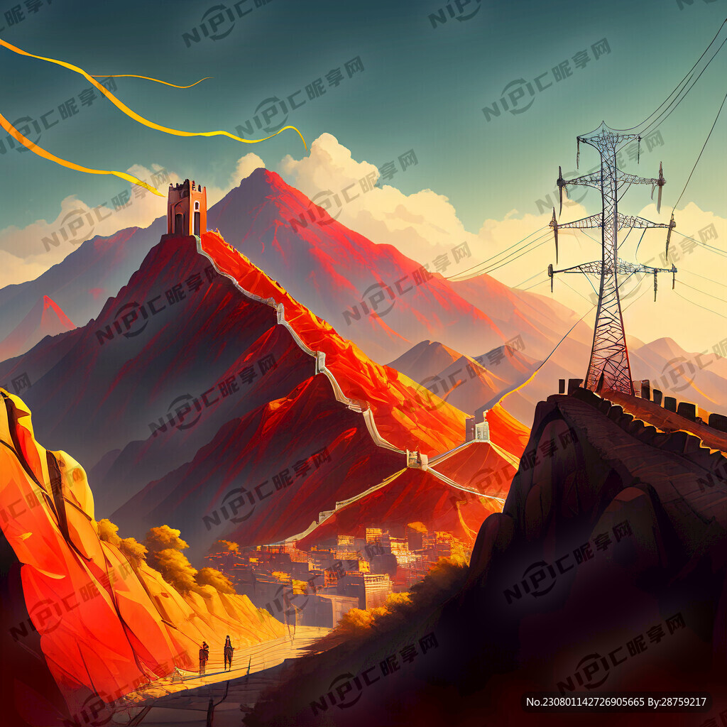 长城 红黄色 山峰 飘带 电塔
