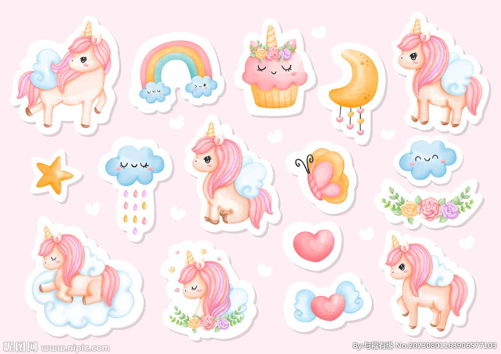可爱幼儿独角兽贴纸元素