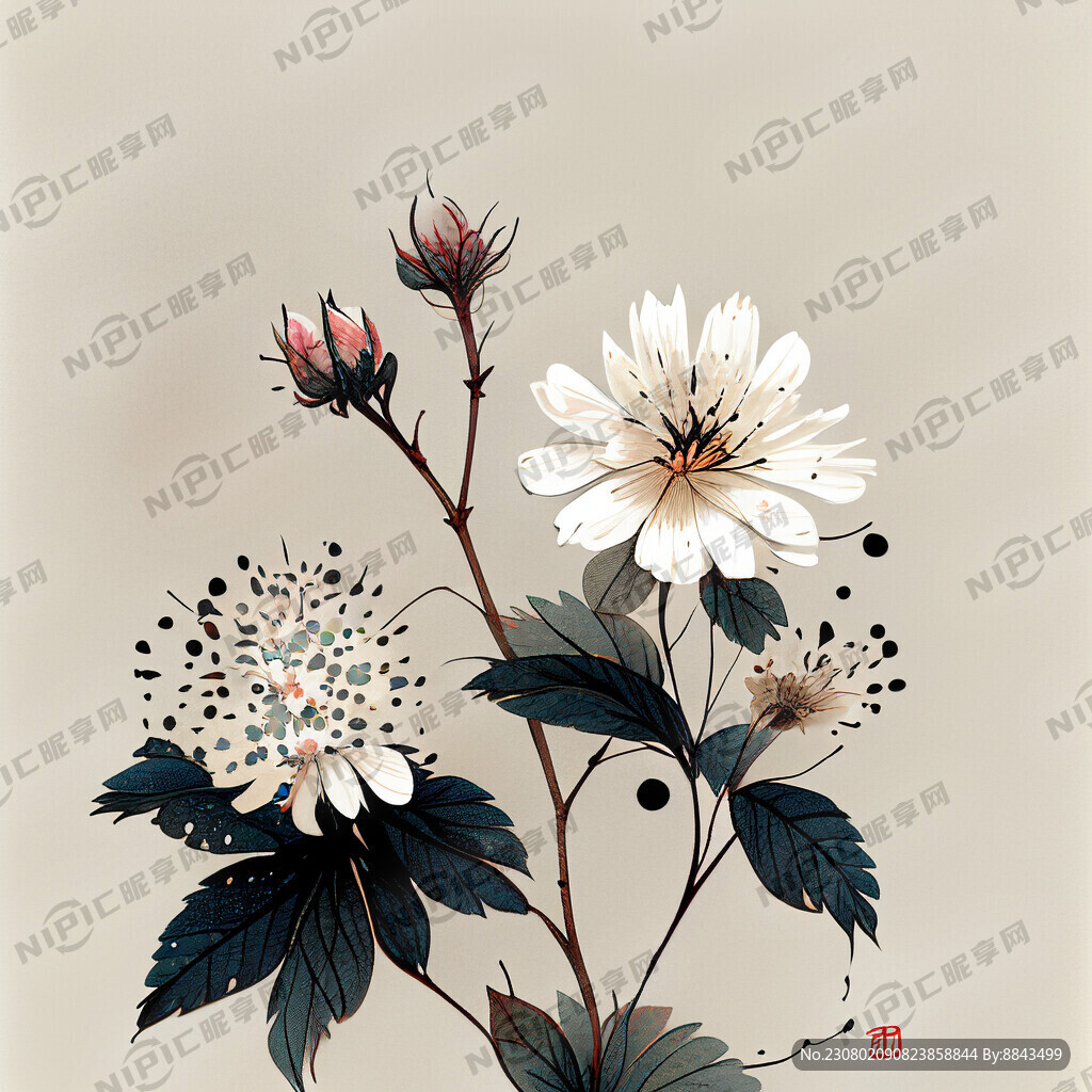 小清新风格的速写花卉带点中国风