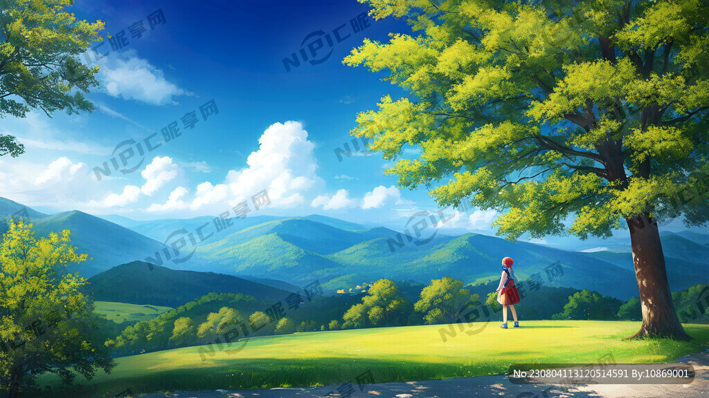 少女 山峦 胡泊 天空 桃树