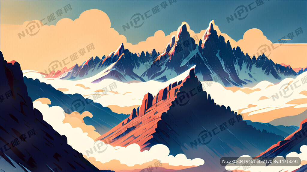 插画风格高耸入云的山有现代动车