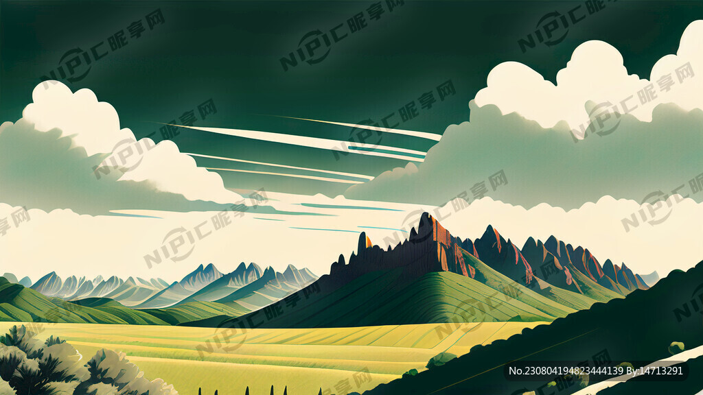 绿色田园插画风高耸入云的山有现