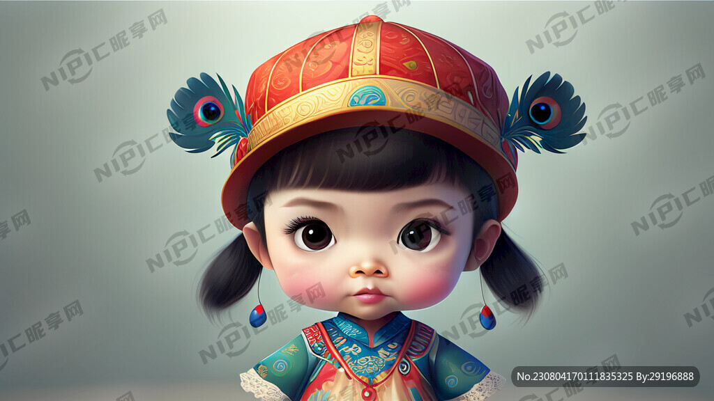 孔雀形象戴帽子穿裙子可爱小女孩