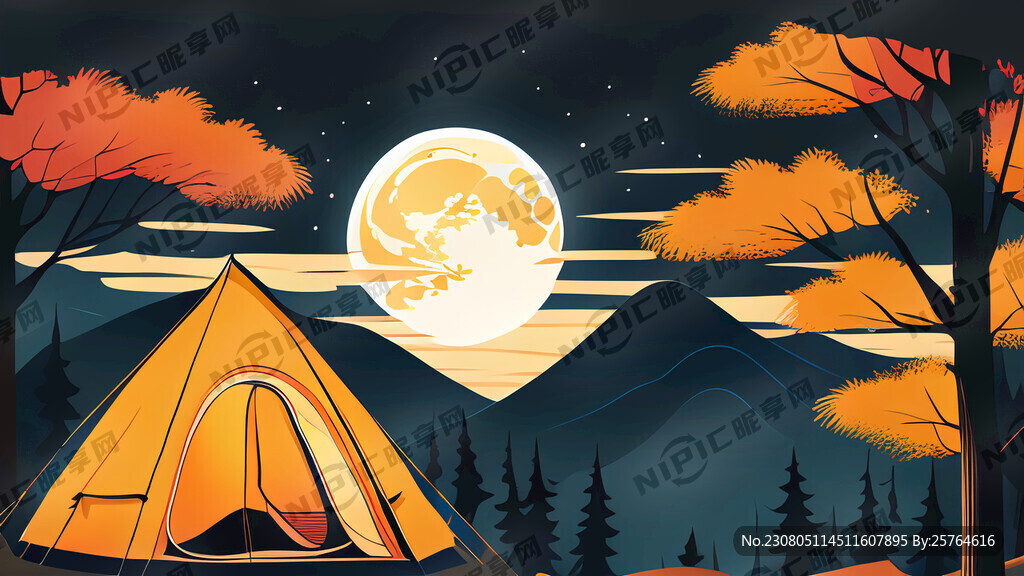 中秋露营月亮夜空矢量图不要山