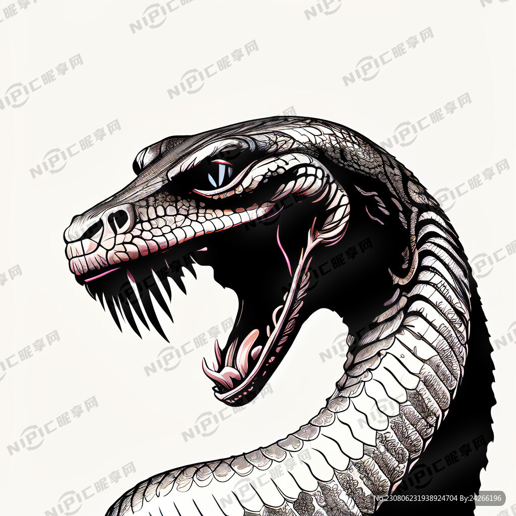 眼镜蛇 侧面 舌信 张嘴 黑白