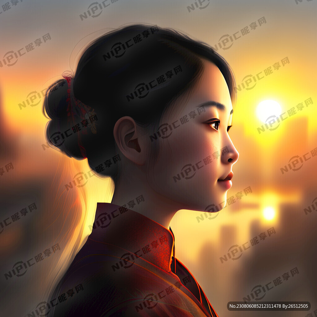 一个漂亮的女孩 侧脸望着太阳