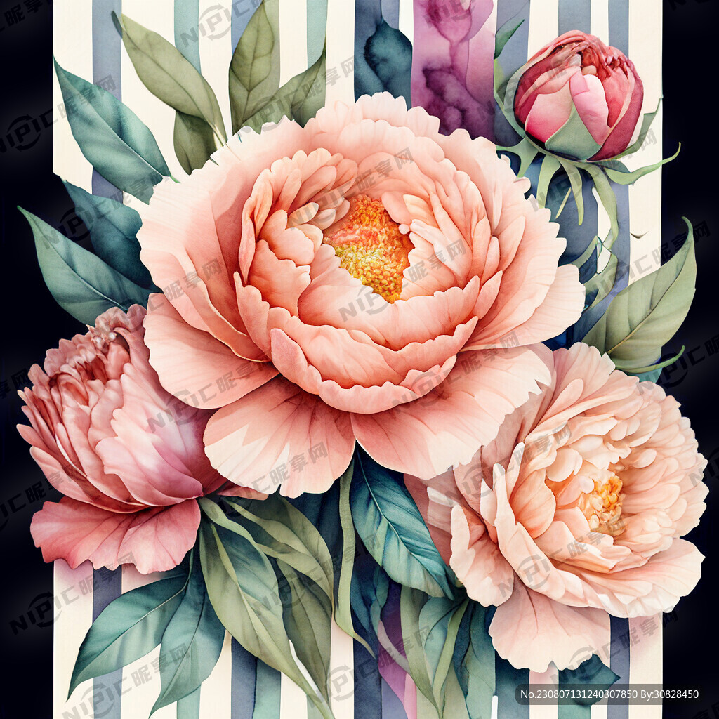 水彩各种花卉佩斯利牡丹玫瑰条纹