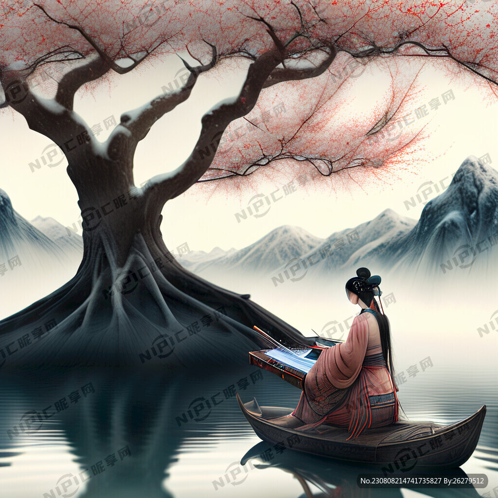 一棵树下坐着一位弹古琴的女子茫