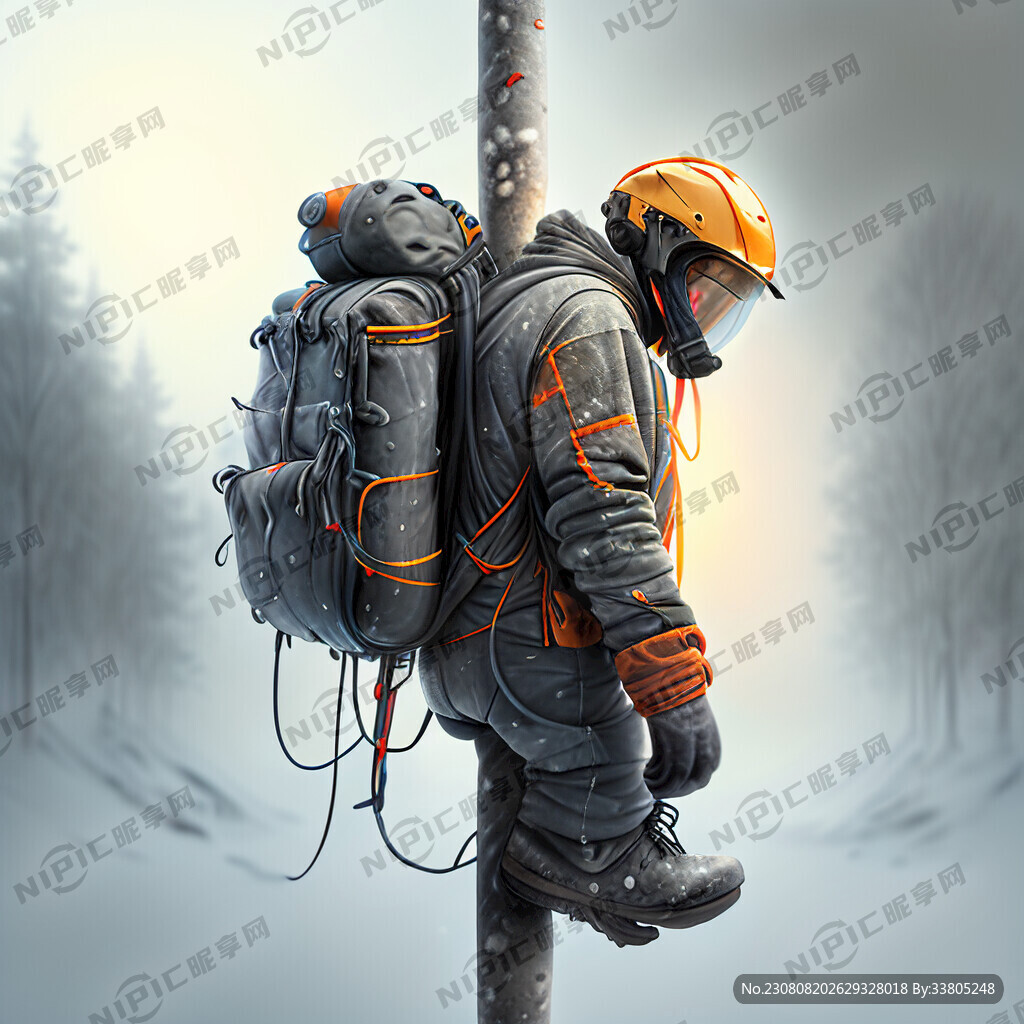 带上头盔爬电线杆子上背着工具包