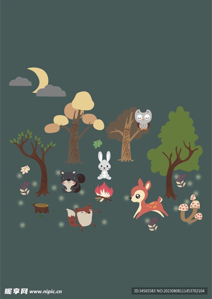 猫头鹰兔子狐狸小麋鹿树林蘑菇