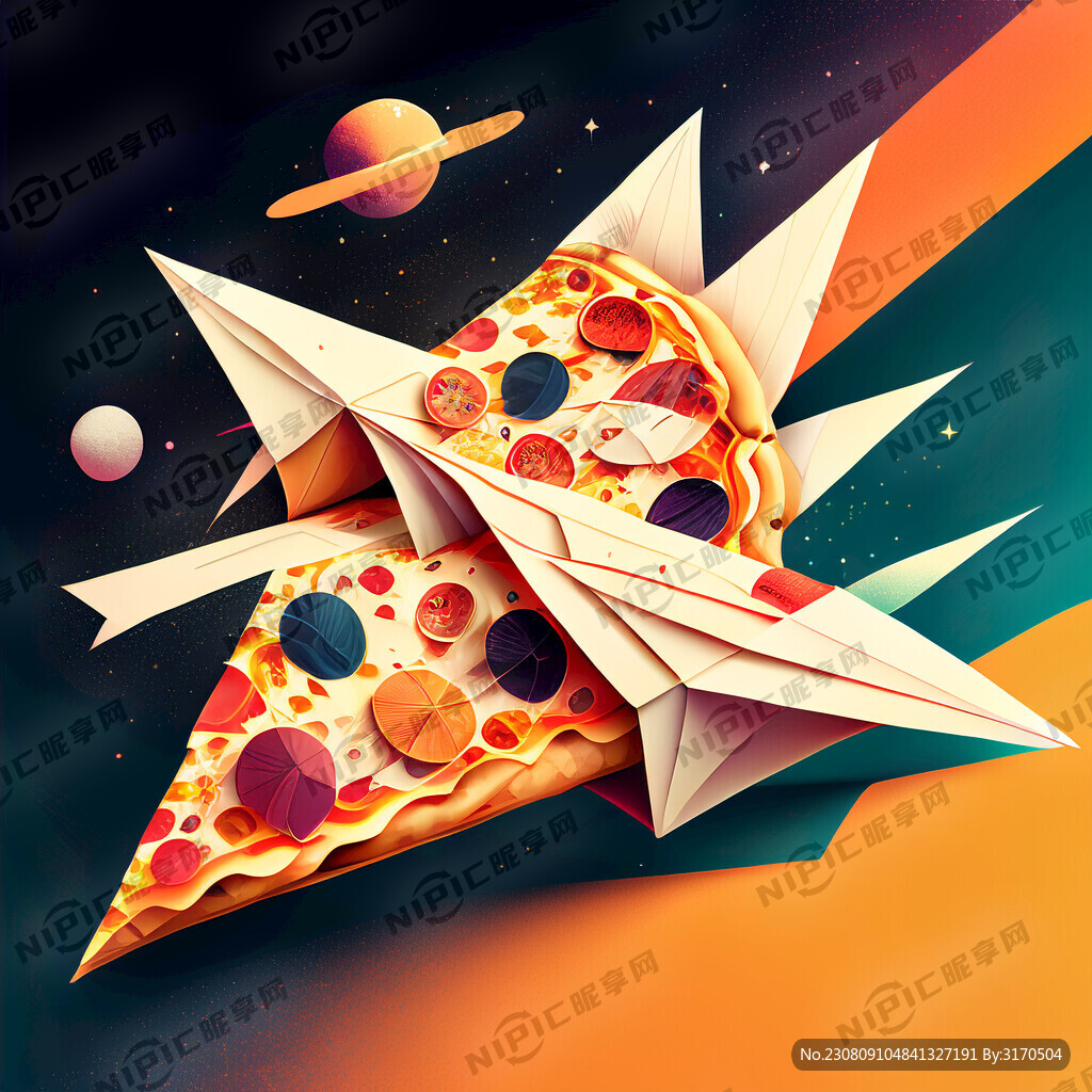 抽象插画 一角披萨折成纸飞机