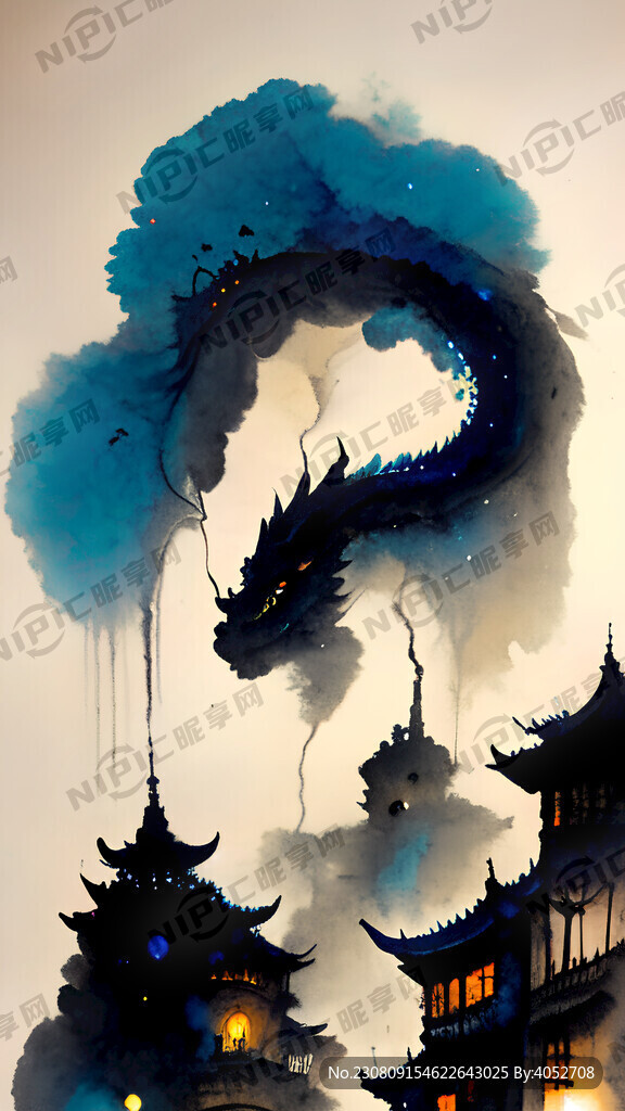 一条中国龙 在中国古城内 有雾