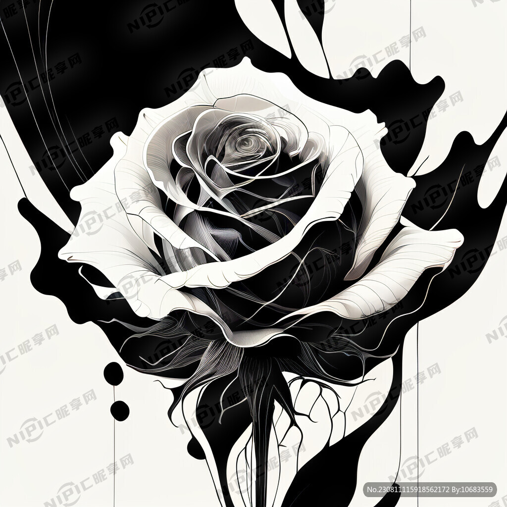 流动的线条黑白的玫瑰花