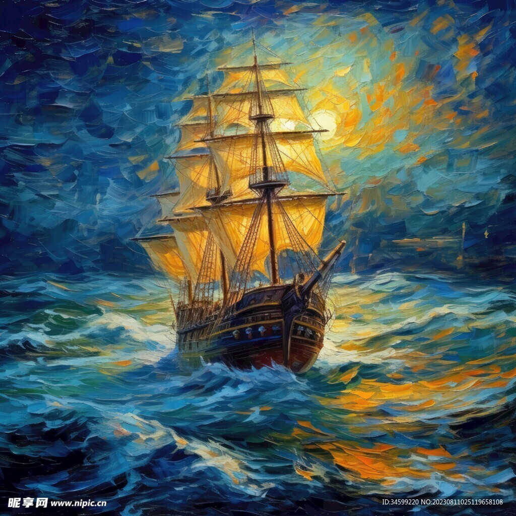 帆船油画 