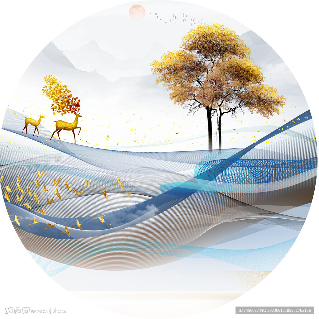 水墨山脉麋鹿圆形挂画装饰画