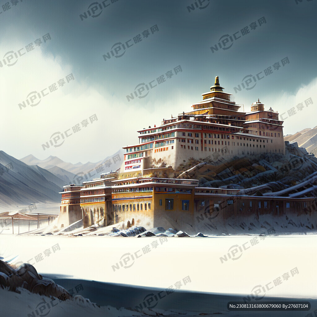 雪上下的布达拉宫在草原