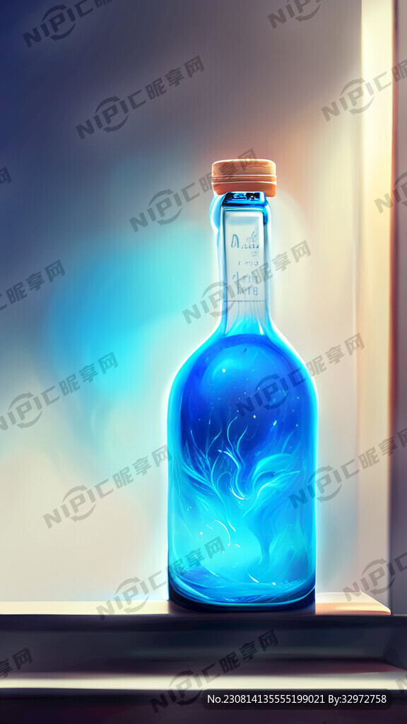 瓶子放在台上科技蓝色梦幻发亮写