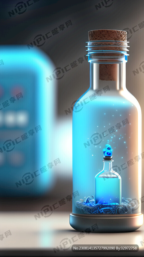 小瓶子放在台上 科技蓝色背景
