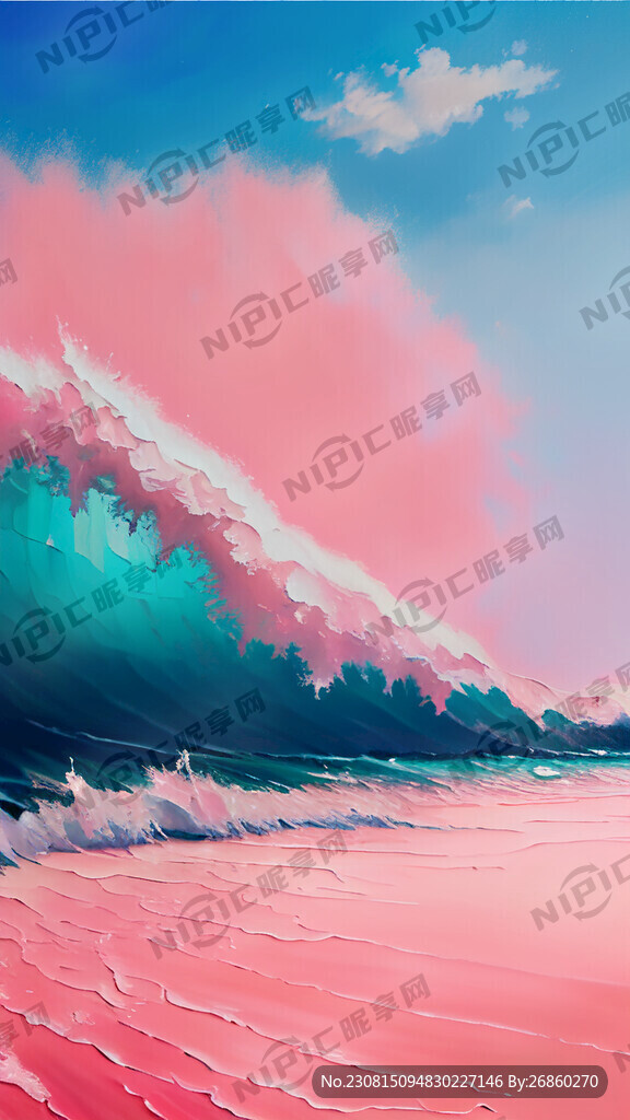 粉色沙滩海浪油画