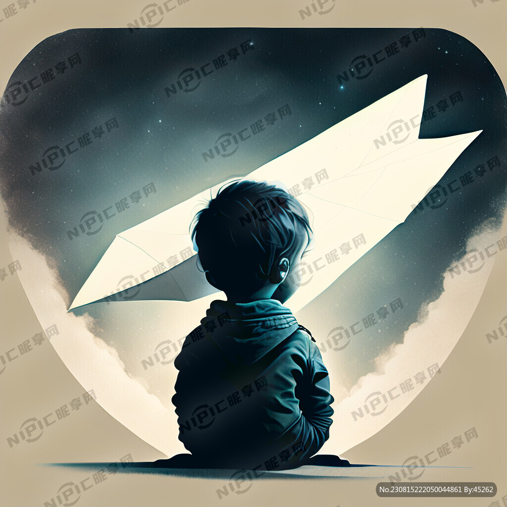 坐在纸飞机上小男孩背影