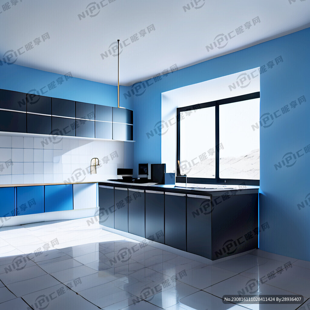 极简风格整体厨房场景侧面有窗户