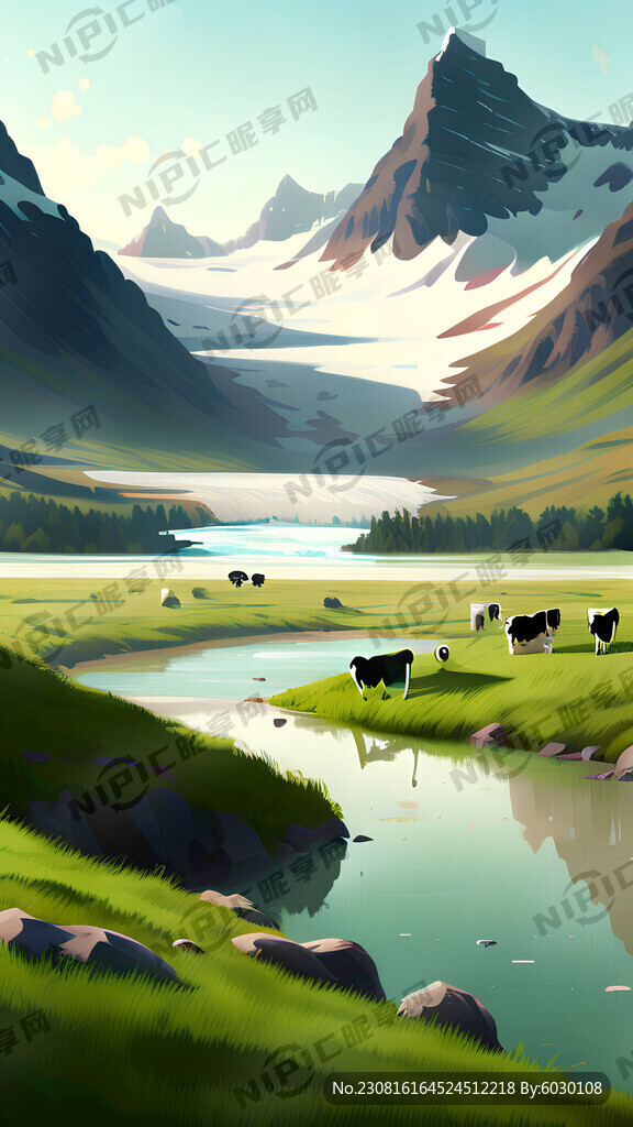 奶牛冰川牧场绿草河水