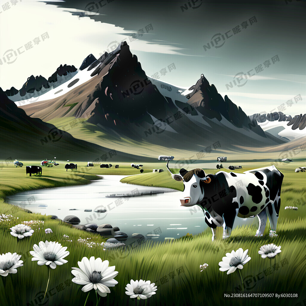 黑白花奶牛冰川牧场绿草河水