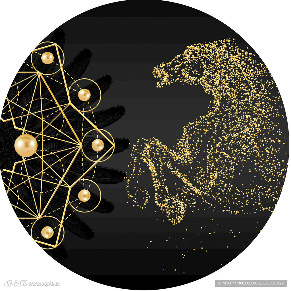 金色骏马几何圆形挂画装饰画