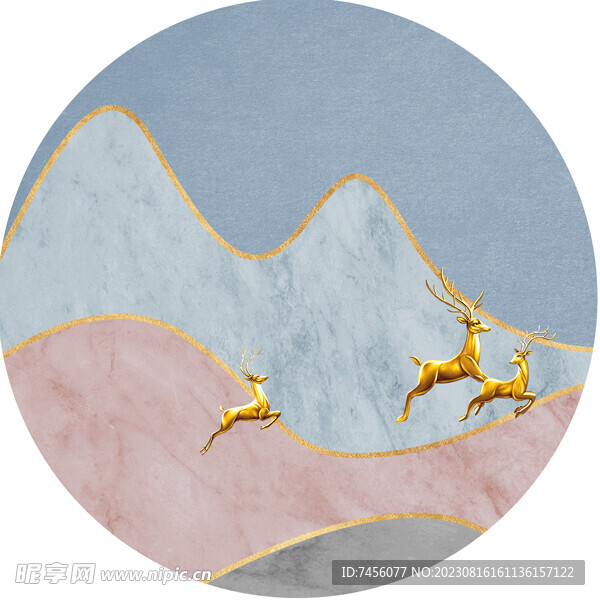 金色麋鹿山脉圆形挂画装饰画