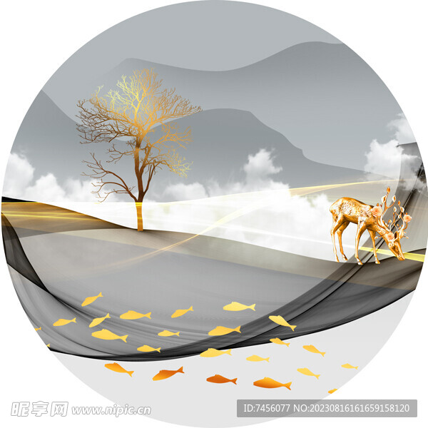 金色麋鹿水墨山脉圆形挂画装饰画