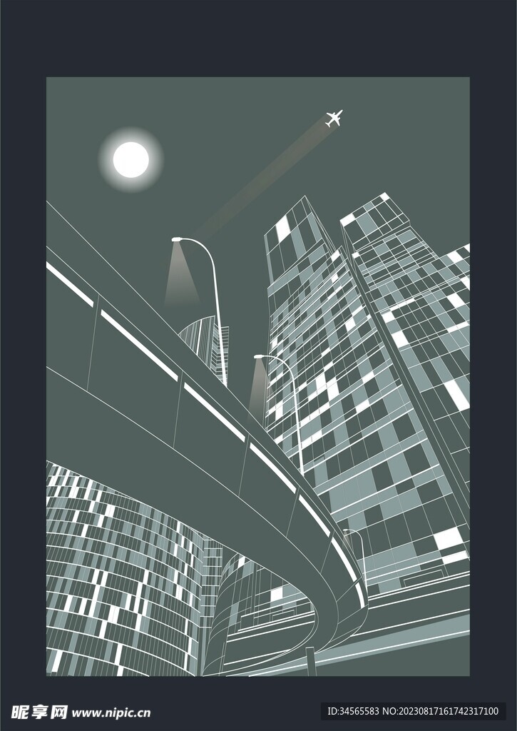 城市夜景高楼大厦飞机月亮