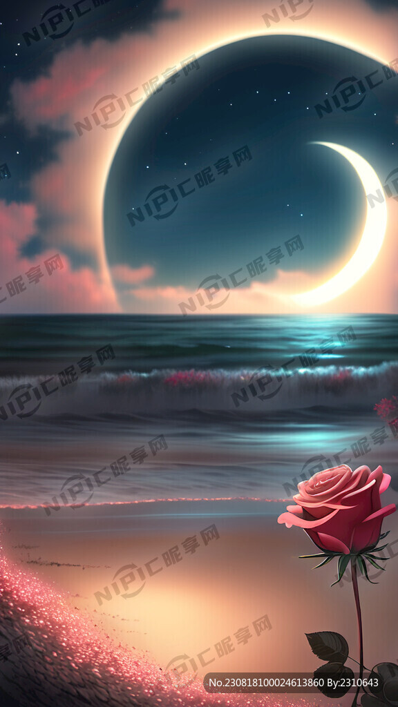 夜晚 月亮 玫瑰 海滩 光点