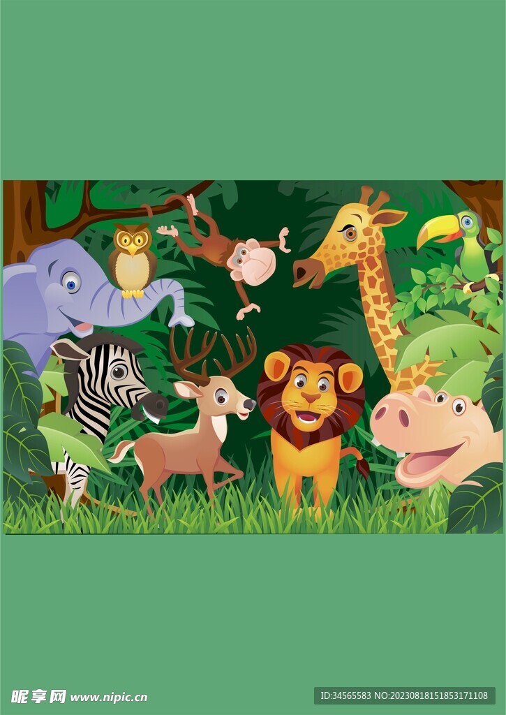 动物夏令营森林集合猫头鹰猴子斑