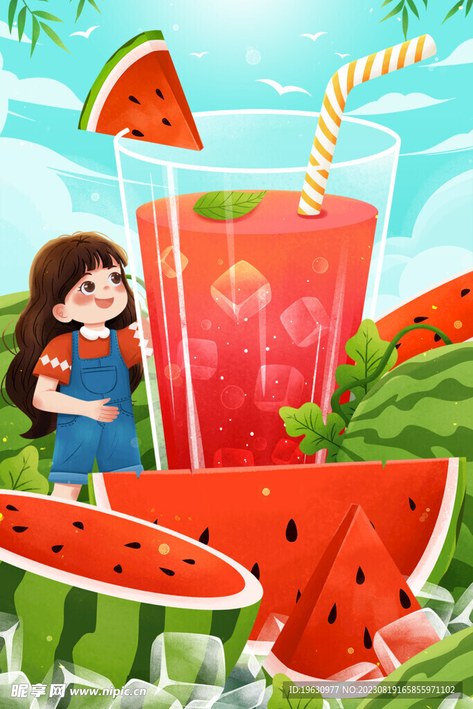 西瓜汁小暑插画
