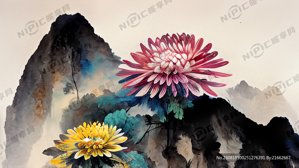 五彩菊花 国画 水墨 山水