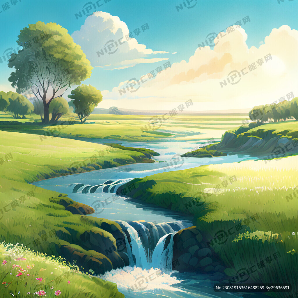 瀑布河流 平原草地 自然风光