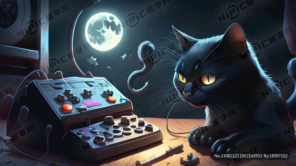 一只深夜玩游戏的黑猫