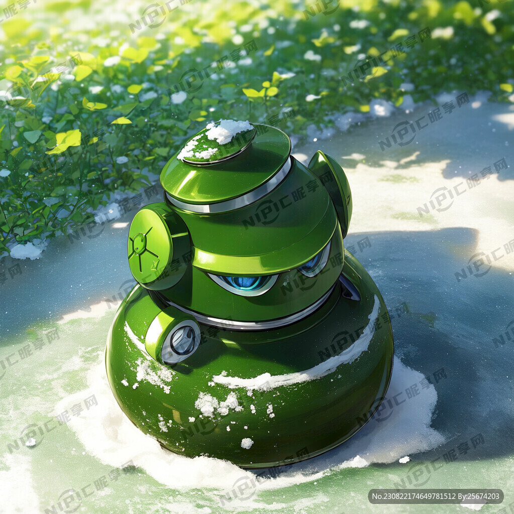 绿色头上有树叶的小机器人