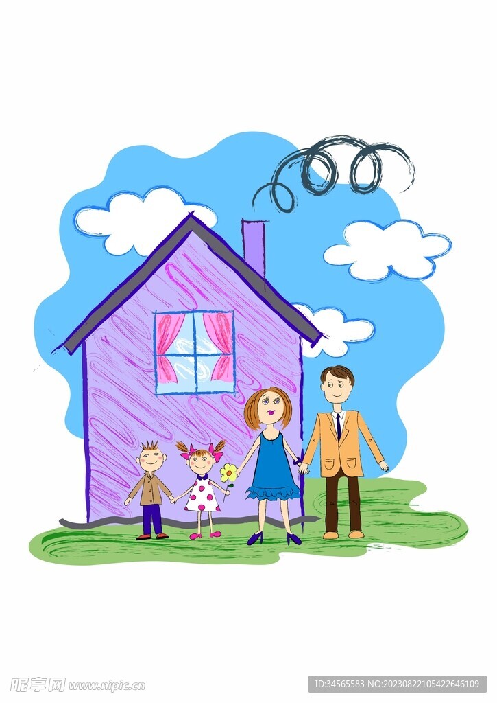 儿童画手绘人物小房子蓝天白云