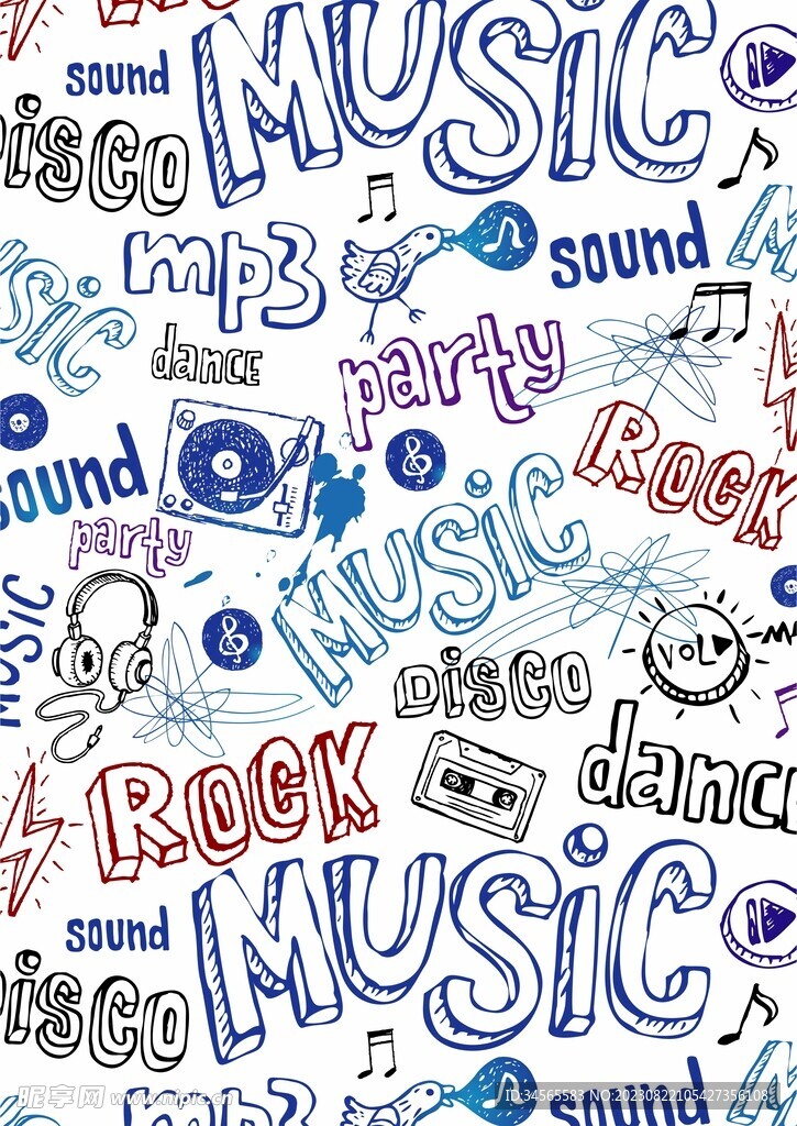 手写字涂鸦音乐说唱磁带耳机