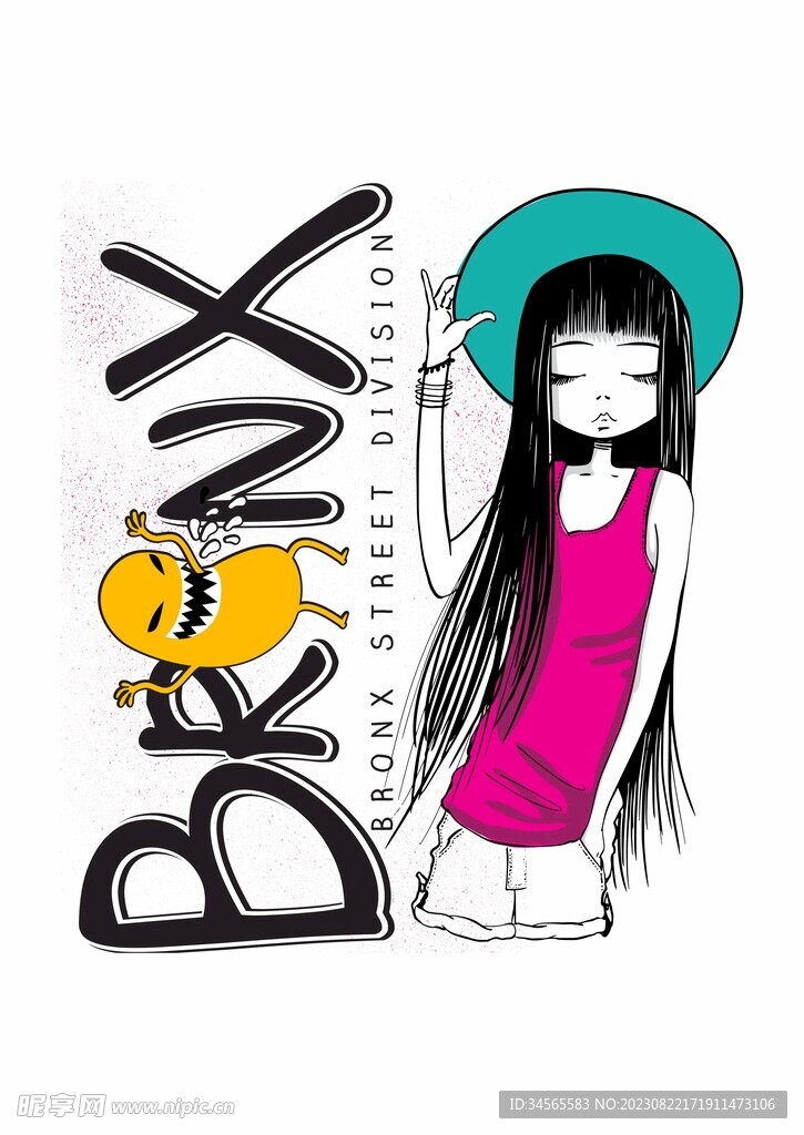 怪兽与少女粉红背心长发渔夫帽