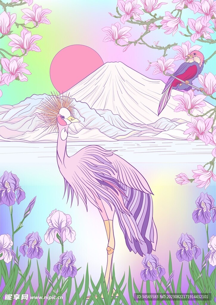 日系风景小鸟樱花富士山落日