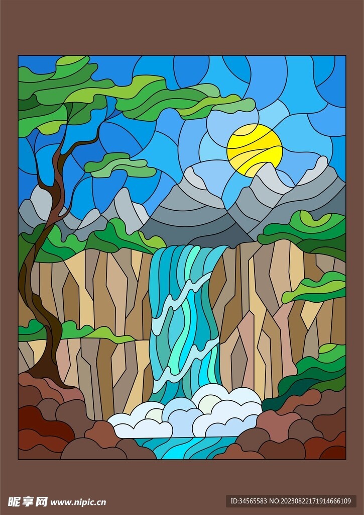 山间瀑布风景抽象拼凑图案