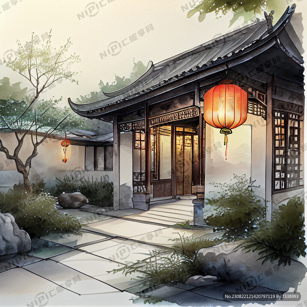 带灯笼的中式别墅庭院夜晚