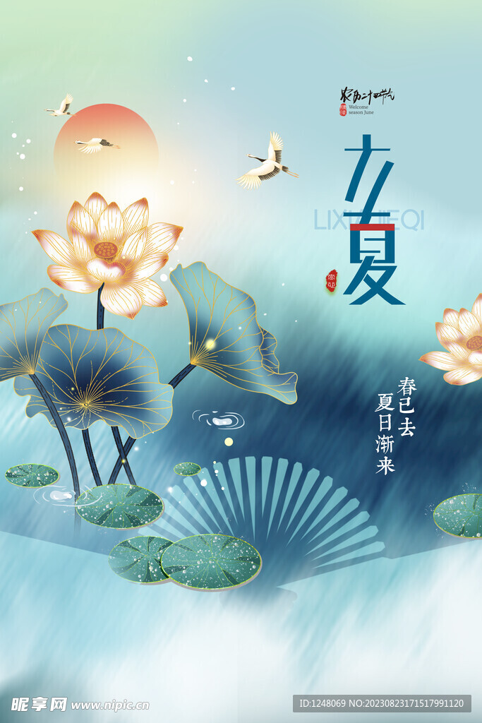 国潮节气之立夏荷花节气海报