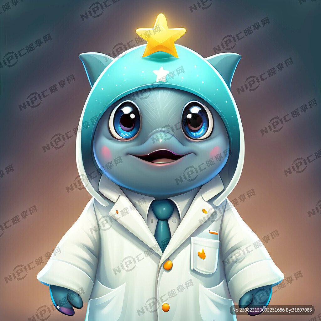 一个海豚形象的卡通形象穿着白大