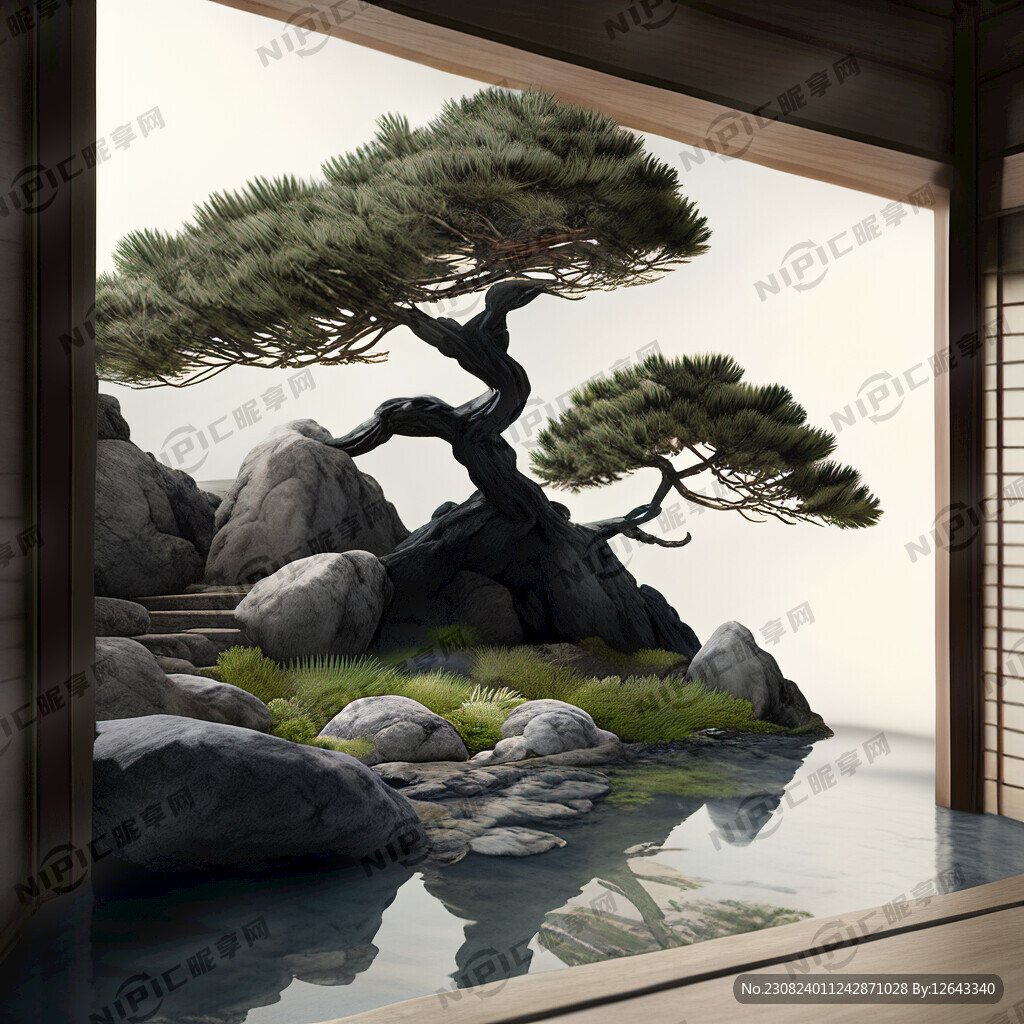 仿真日式枯山水室内景观松柏白石