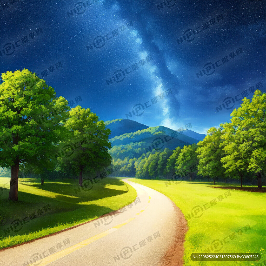 夜晚乡村小路路边一排排大树背着