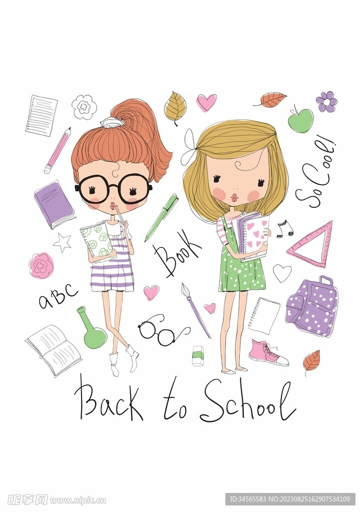 开学季笔记本铅笔眼镜文具少女